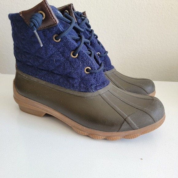 Sperry Saltwater Quilted Wedge Tide Wool Blue Brown Duck Boots Women Size 7 - Picture 5 of 14